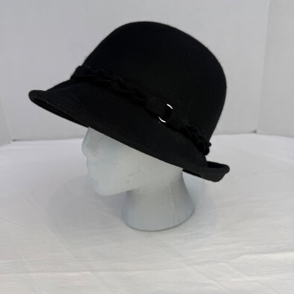 Vintage Style Black 100% Wool Cloche Hat Braided Band One Size